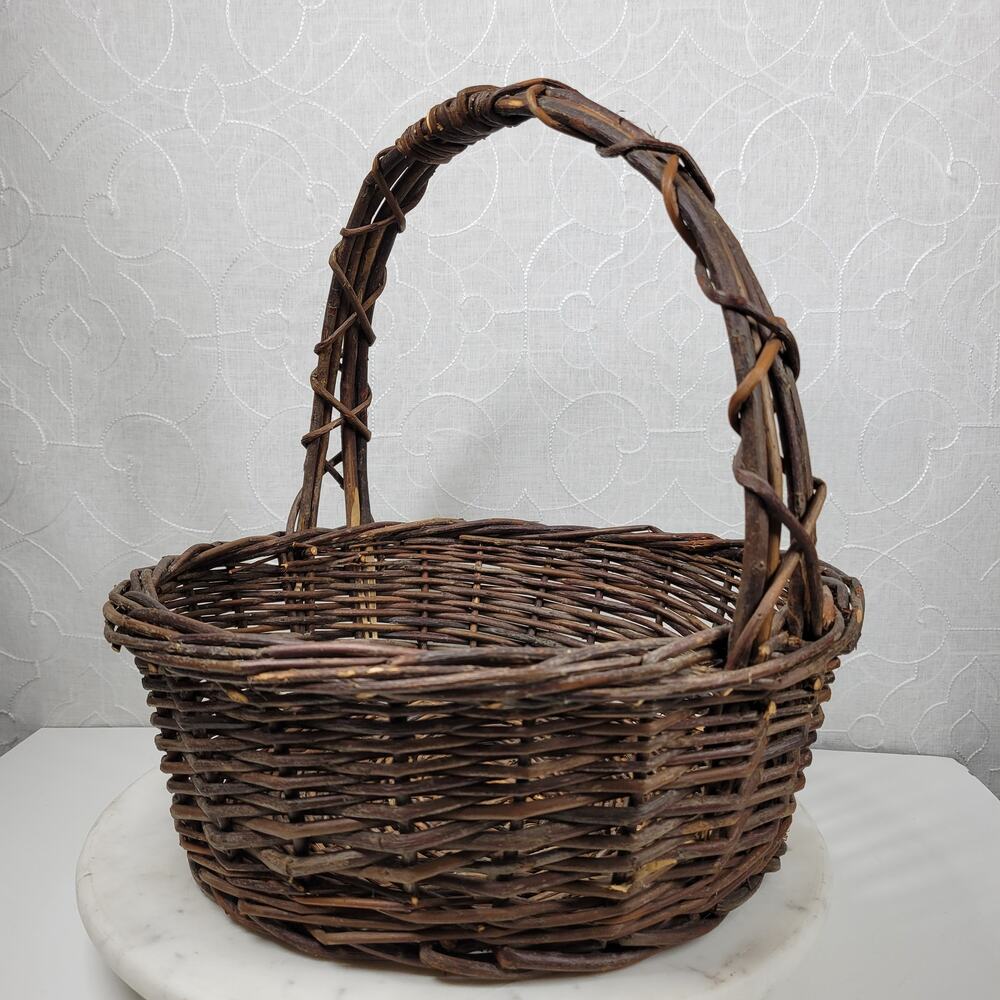 Vintage Woven Basket with Twisted Handle 13" Large Rustic Garden Basket Easter